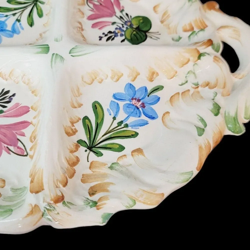 Vintage Italian Ceramic‎ Handpainted Floral Divided Serving Plate